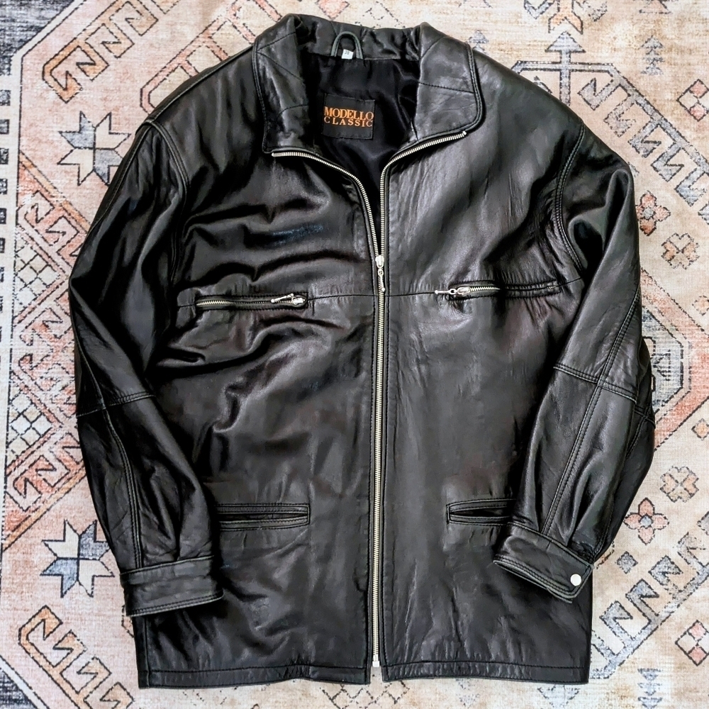 90s Grunge Oversized Style Black Leather Jacket Coat Large Mens Size 38 - Picture 2 of 11